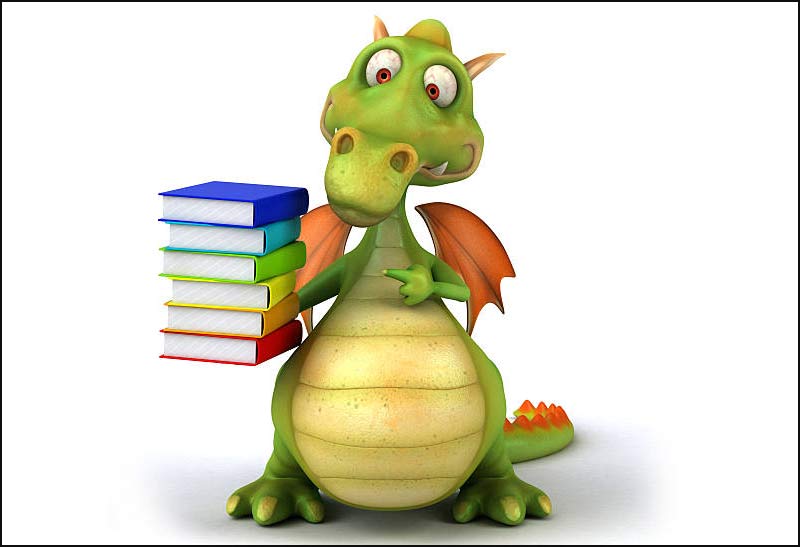 image of Elliot the Dragon carrying books