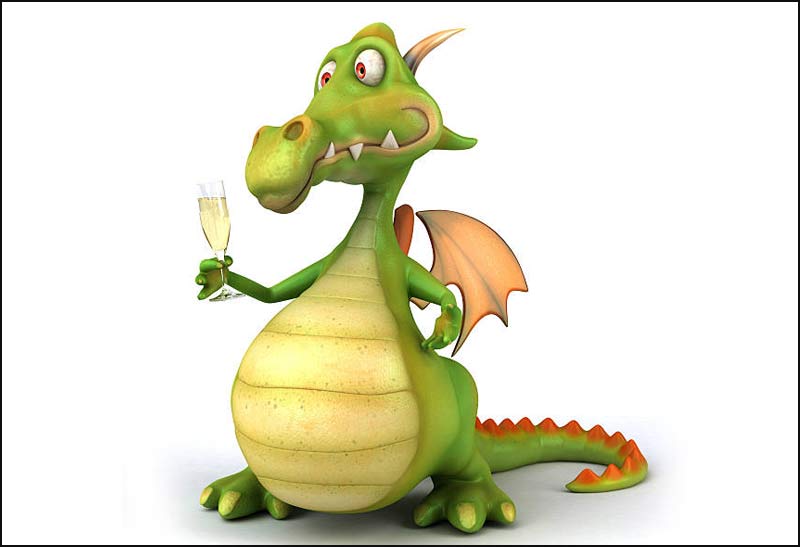 image of Elliot the Dragon with a glass of wine in hand